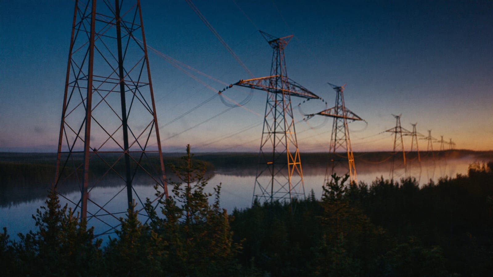 Kraftledningsstolpar över skog och sjö i skymningen