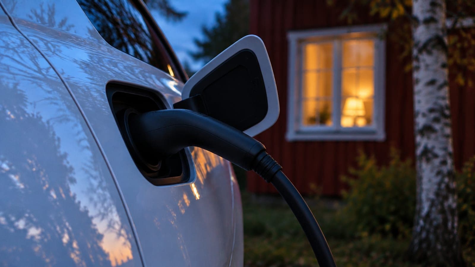Laddkabel i laddluckan på en vit elbil framför ett rött trähus i skymningen