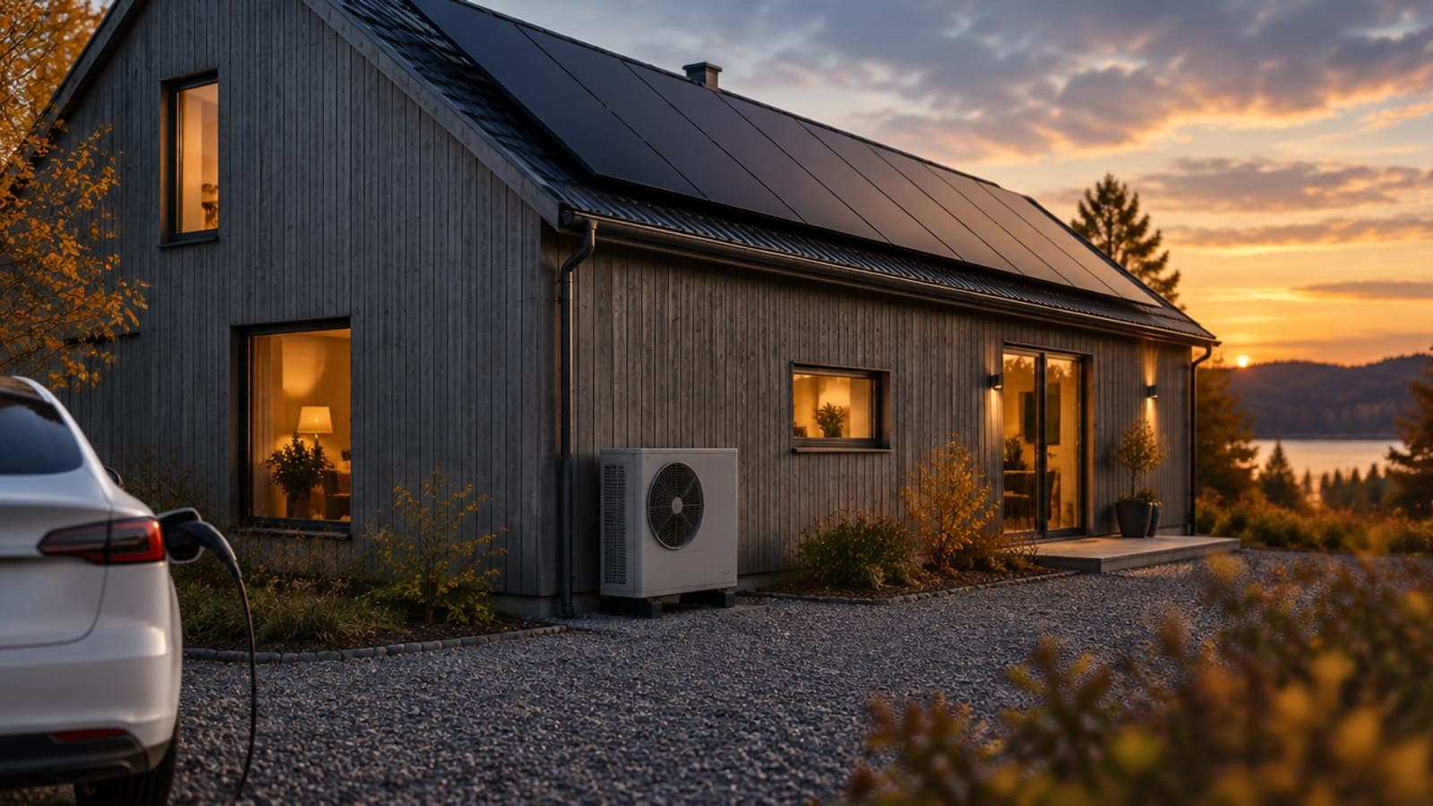 Villa med solpaneler, värmepump vid husväggen och en elbil som laddar på uppfarten i solnedgången