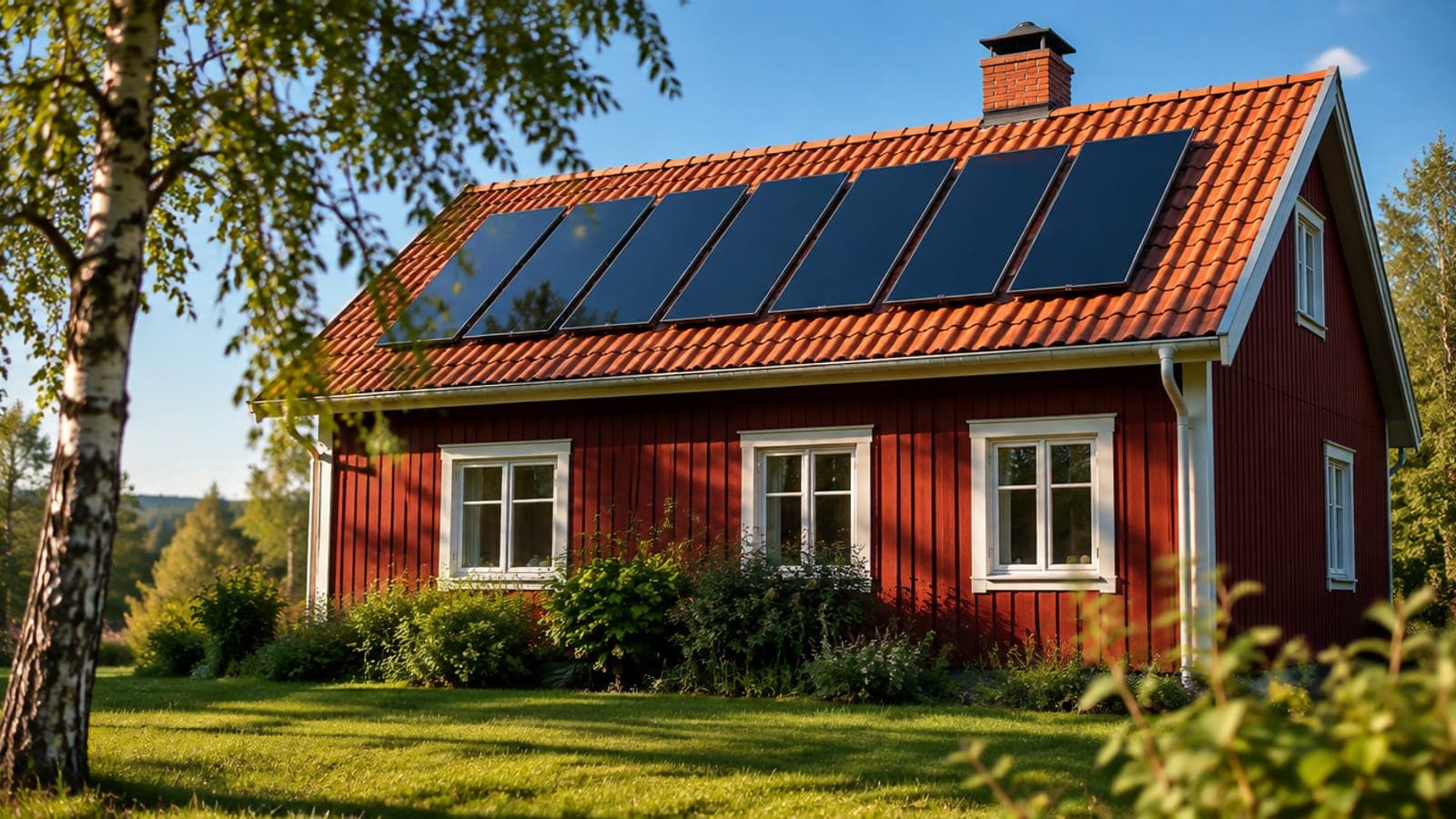Rött trähus med en rad stående solpaneler på tegeltaket en solig sensommardag